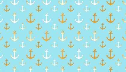 A repeating pattern featuring alternating gold and white anchors set against a light blue backdrop, creating a nautical feel