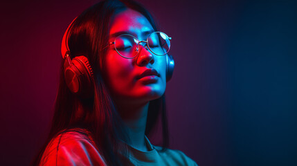 Fototapeta premium A young woman immersed in music, wearing headphones, with a serene expression. The image features striking red and blue lighting, creating a vibrant atmosphere.