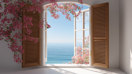A serene view through open wooden shutters reveals a tranquil ocean, with vibrant pink flowers framing the scene, inviting peace and relaxation.