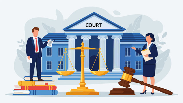Vector illustration of a court scene with judge, lawyer, and scales of justice in front of a courthouse building
