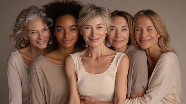 Diverse Women of Different Ages Smiling Together, Natural Beauty Portrait. Video.