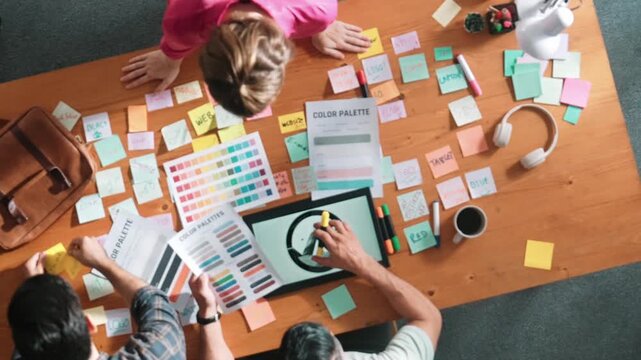Top view of smart designer team writing comment to develop product. Professional business people working together to design logo graphic while manager explain idea to colleague at meeting. Symposium.