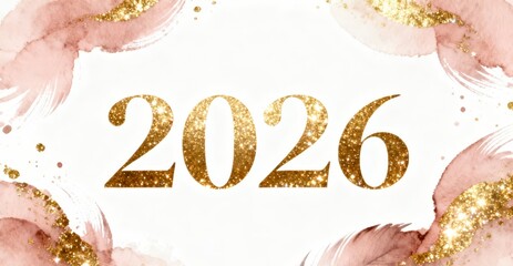 Golden glitter 2026 text with pink watercolor background