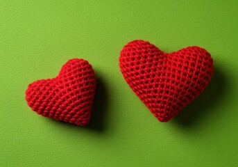 Cozy red knitted heart ornament resting gently on a vibrant spring green textured surface, perfect for romance or crafting projects ,texture ,knit ,homemade