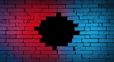 Cracked brick wall featuring vibrant red and blue paint with a distinct void in the center, symbolizing damage or a portal ,mosaic, wall, gap
