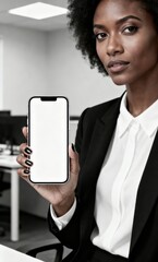 Confident businesswoman holding smartphone with blank screen