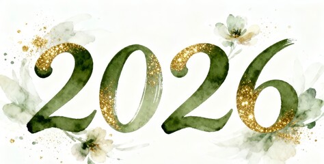 Watercolor 2026 New Year design with olive green and gold glitter and floral elements