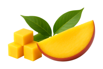 Fresh Mango Slice With Cubes And Leaves Isolated on a Transparent Background