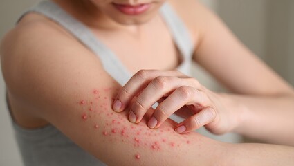 Woman Scratching Arm with Skin Rash and Blemishes