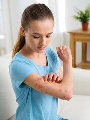 Woman Scratching Her Arm with Visible Skin Rash and Redness