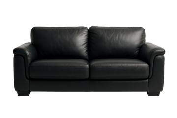Black leather sofa with modern sleek design isolated on black background representing home furniture interior comfort and luxury relaxation concept for living room decoration inspiration
