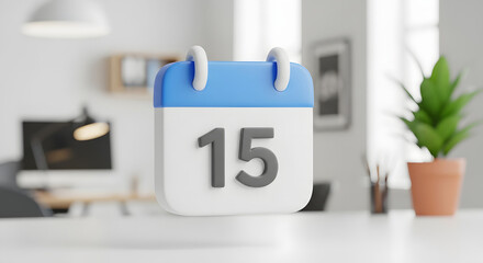 Floating three dimensional calendar icon displaying the number fifteen with a blue top element hovering above a clean white modern office desk surface in soft lighting