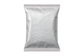 Blank silver foil packaging bag isolated on black background representing snack package plastic wrapper design concept for branding food mockup or retail package presentation