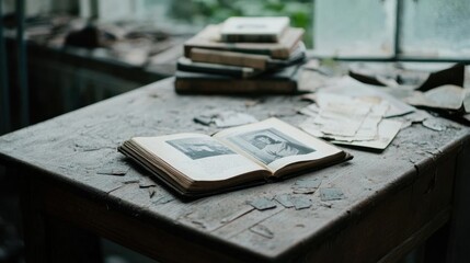 Forgotten Memories: A Dusty Table with an Open Vintage Book Surrounded by Old Photos