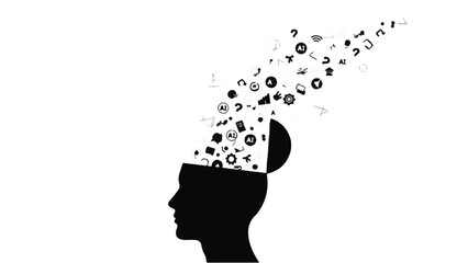 silhouette of a woman brain with lot of icons