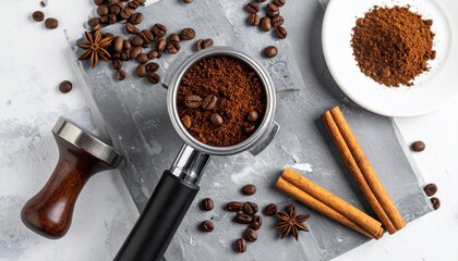 Overhead shot of coffee-making tools and ingredients, beans, grounds, spices