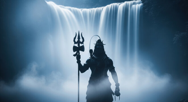 Silhouette of Lord Shiva holding trident or trishula near a waterfall surrounded by mist and flowing water with cool blue tones