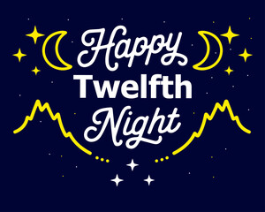 
Twelfth Night Holiday Graphic: Night Landscape with Moon, Stars, and Mountains