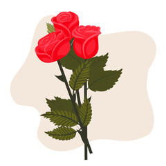 A bouquet of bright red roses on a light beige background. A set of three graceful blooms. Vector illustration on a white background.