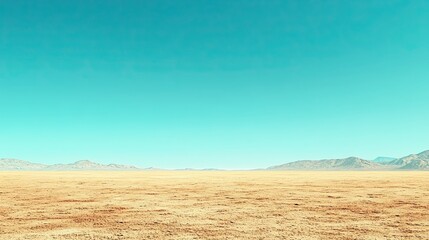 Vibrant desert landscape with vast sandy terrain and majestic mountains under clear blue sky