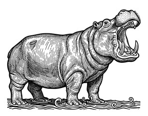 Fototapeta premium A detailed black and white line art illustration of a hippopotamus standing in water with its mouth wide open.