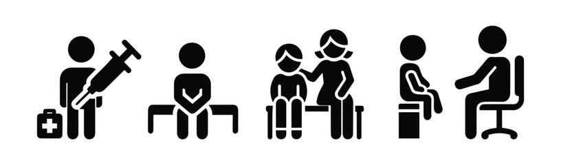 Set of icons: vaccination, injection, medical procedure, stick figure, person, adult and child symbol, pictogram.