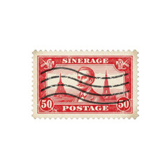 Vintage red postage stamp featuring industrial scene isolated on transparent background