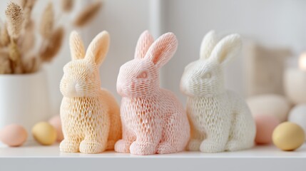 Three decorative bunnies in pastel colors, crafted from intricate mesh material, are displayed on a shelf with soft eggs and natural decor, embodying a festive spring atmosphere
