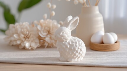 White ceramic rabbit figurine placed on a soft fabric surface, surrounded by decorative flowers and eggs, creating a serene and festive atmosphere for spring celebrations