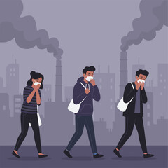 People walking in city with masks due to pollution