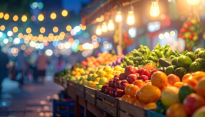 A vibrant nighttime marketplace showcasing fresh produce illuminated by string lights