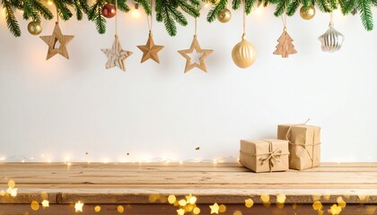 Festive scene with hanging ornaments, lights, gifts, and evergreen boughs