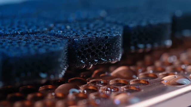 Blue foam sponge with water droplets rests on wet copper surface. Cleaning sponge covered in droplets sits on metal. Blue foam block with water beads. Wet sponge on copper surface. Foam texture.