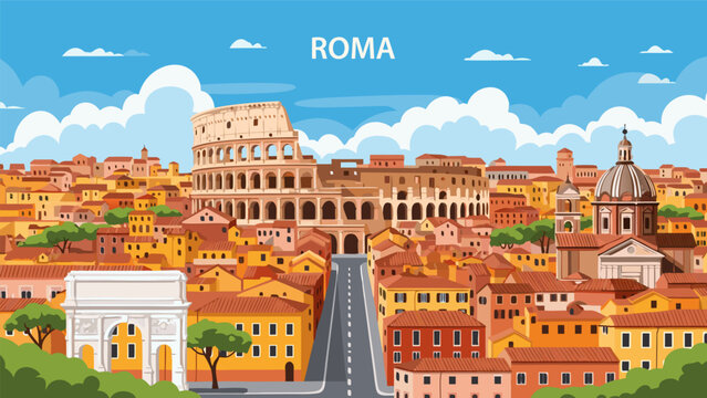 Vibrant Vector Illustration of Ancient Rome Cityscape with Colosseum and Architecture