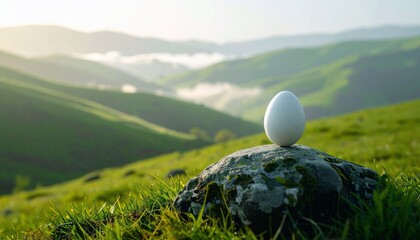 A single egg balances on a mossy rock, set against rolling green hills in morning light