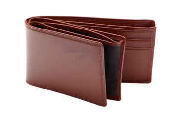 Brown leather wallet opened on a white background showing card slots and cash compartment