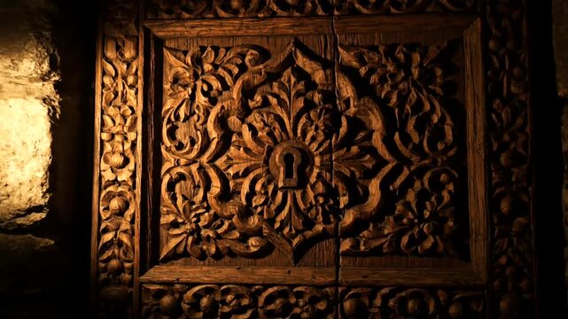 Intricately carved wooden door with floral and foliage patterns in a dimly lit setting.