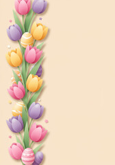 Vertical Easter Floral Border with Colorful Tulips Decorative Eggs and Spring Leaves on Soft Pastel Background