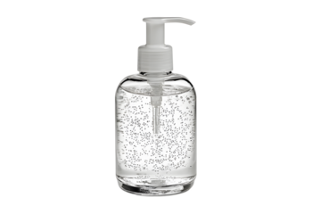 Clear liquid soap in a pump bottle on a plain background used for handwashing and personal hygiene in a bathroom or kitchen setting