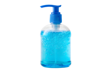 Clear liquid soap in a blue pump bottle placed on a white background with bubbles inside the container
