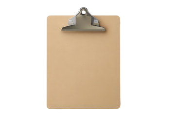 Clipboard with no papers is placed on a flat surface in an office setting during daytime