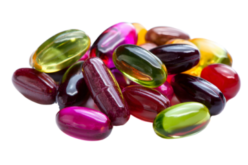 Colorful capsules arranged on a white background showcasing details of various shapes and sizes