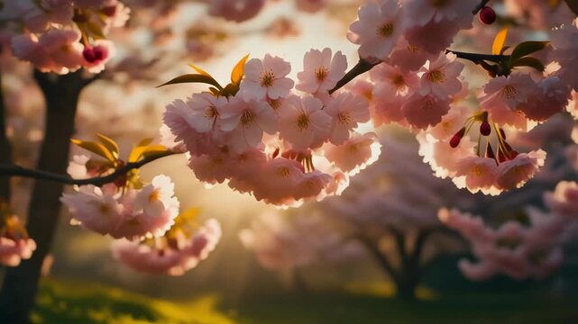 A captivating close-up of delicate pink cherry blossoms illuminated by the warm golden hour sunlight. The vibrant blooms fill the frame, creating a serene and picturesque spring scene that evokes rene