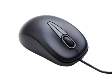 Computer mouse on a white background used for navigation and activities in a workspace setting