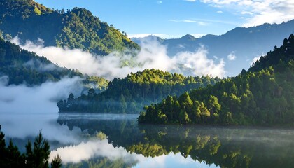 A serene lake mirrors lush, green, forested mountains under a soft, blue sky with wisps of fog. Sunlight gently touches the peaks