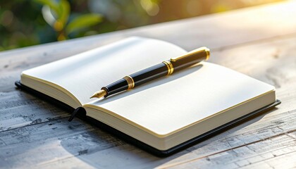 Open notebook with fountain pen on a sunlit wooden surface, focus on writing tools