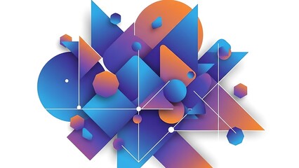 An abstract geometric composition features gradients of blue, purple, and orange with spheres.