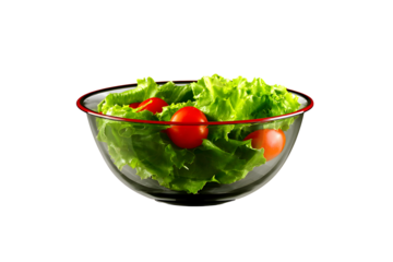 Fresh salad with lettuce and tomatoes in a clear bowl on a white background for healthy eating and cooking