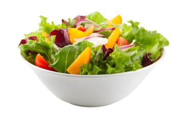 Fresh salad with various vegetables in a white bowl on a plain background during daytime