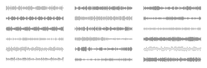 Sound wave visualization with audio frequency patterns and digital waveform elements for music production and radio broadcast design on white background